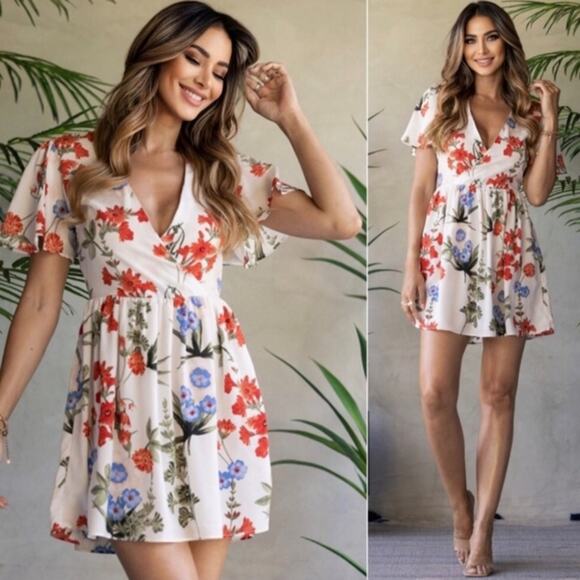 Runway Paris Women's Faux Wrap Surplice Mini A-Line Dress in Floral - Picture 13 of 14